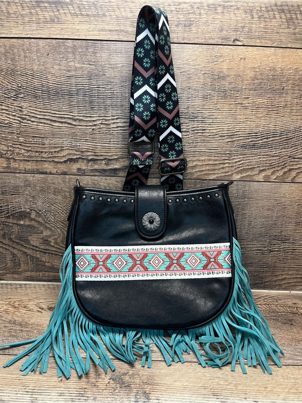 Black Fringe Crossbody Bag with Turquoise Accents